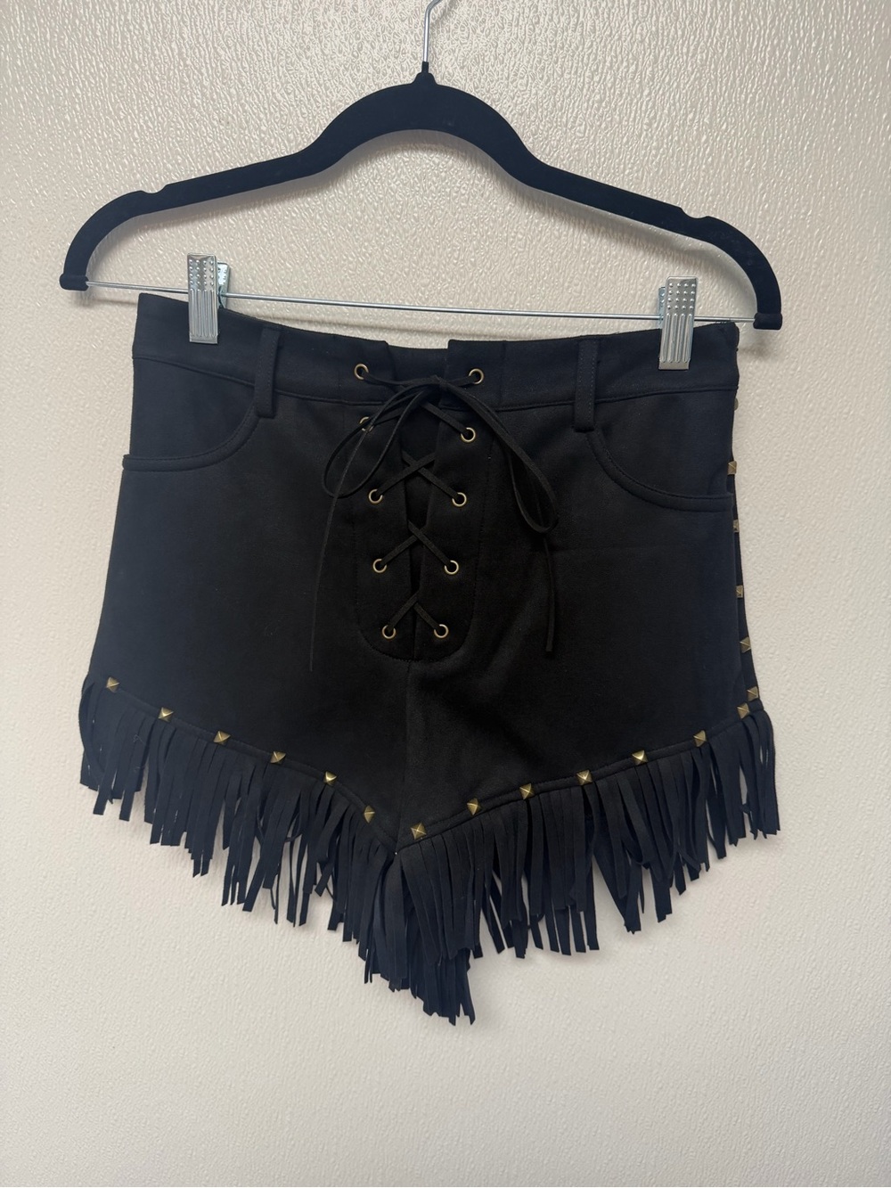 Black Fringe Lace-Up Women's Shorts